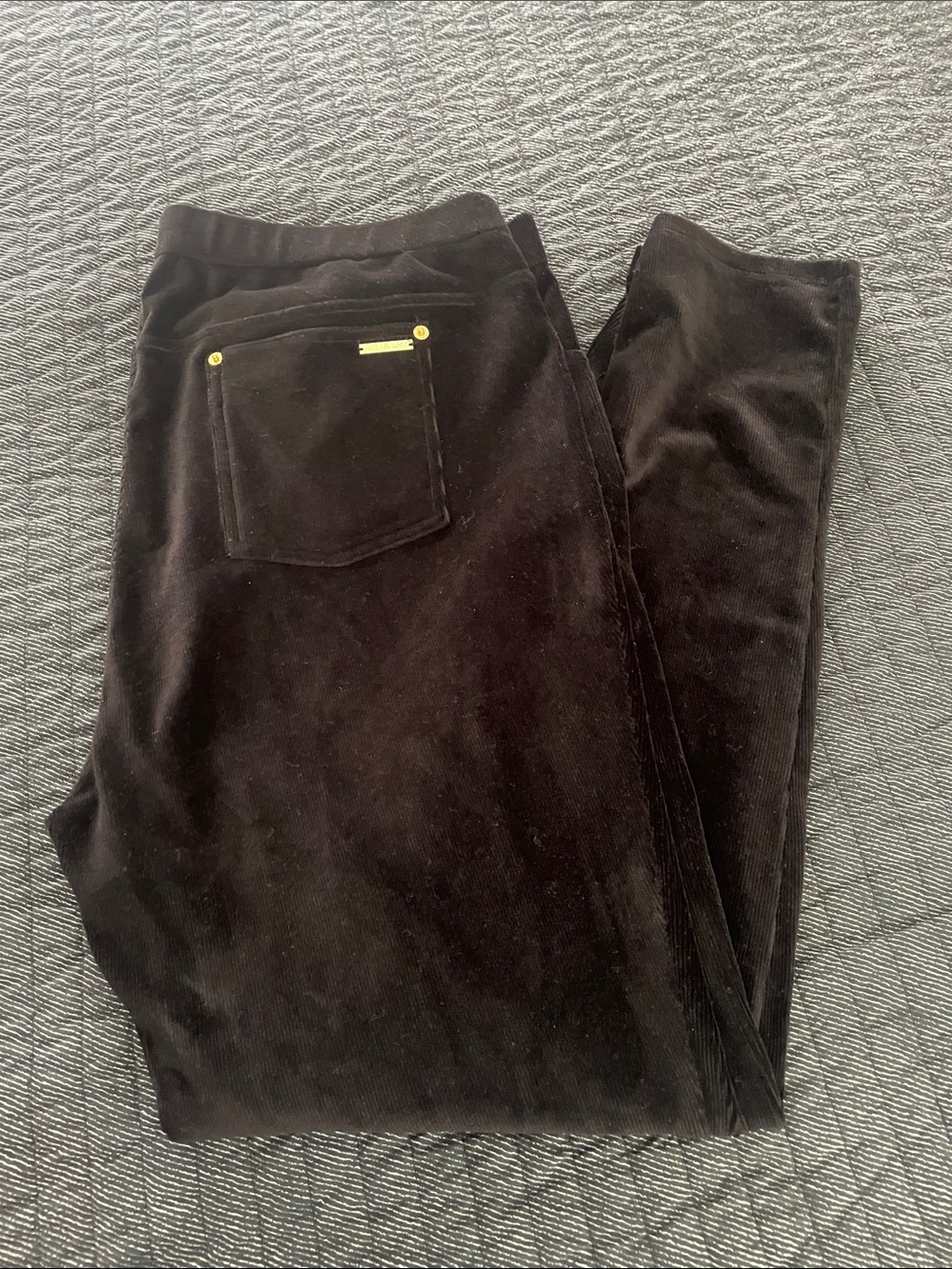 Michael Kors Black Velvet-Look Corduroy Jeggings with Gold Accents